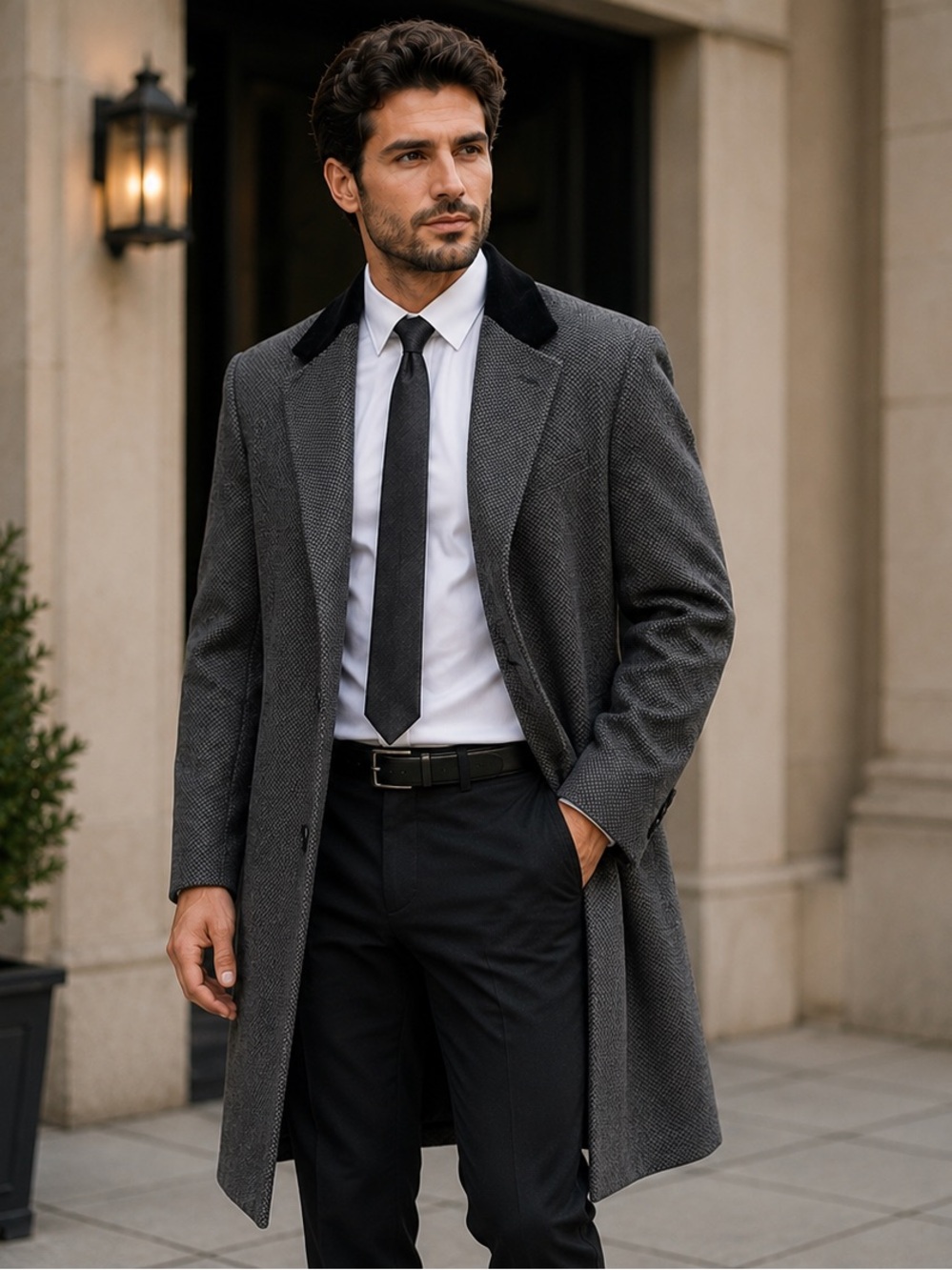 Hart Schaffner Marx Black Lined over- Coat with Charcoal Herringbone